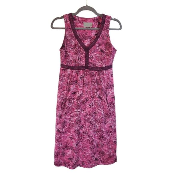 Athleta Pink Purple Paisley Stretch Knit Sleeveless Lace Mesh Trim Dress, Small - Picture 1 of 10